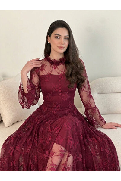 DVNA فستان "إيلينا" دانتيل باللون البرجندي الفاخر