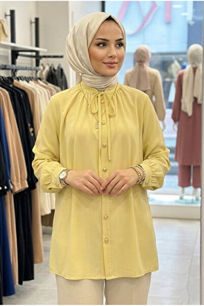 Safgiyim44 Yaka Bağcık Tesettür Gömlek - Sarı