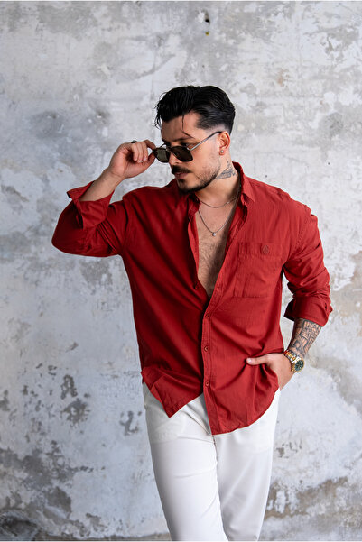 OUTFİT MAN Λεπτομερές κεντητό πουκάμισο με λεπτή υφή και τσέπη, κόκκινο