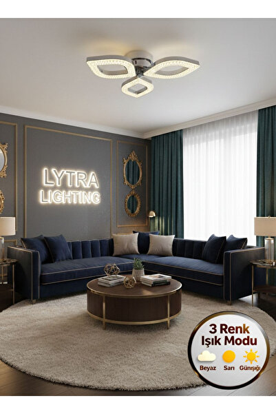 Lytra Lighting Yonca Model Gümüş 3"lü Ledli 3 Renk Modu Kristal Salon Mutfak ...