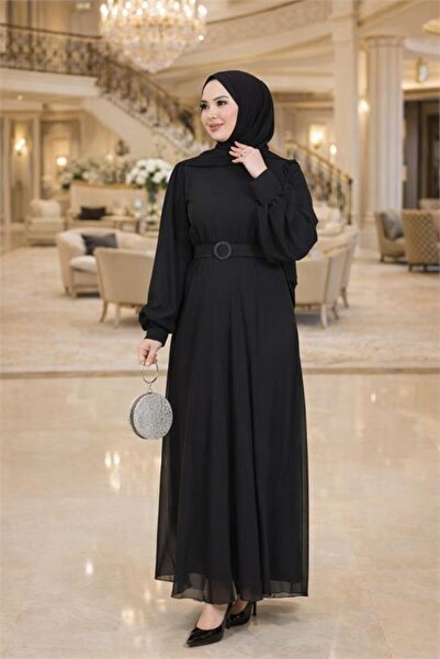 Dipmoda Women's Black Tulle Fabric Belt Detail Plus Size Hijab Dress Dpft006