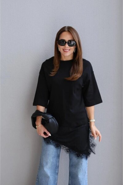 COjans Short Sleeve Asymmetrical Cut Lace Guipure Detail Blouse