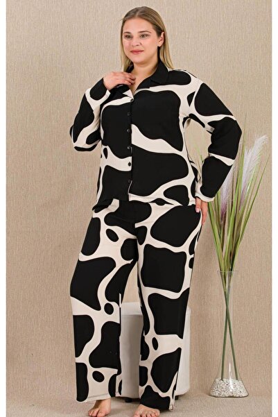 by İGP Black and White Woven Fabric Button-Front Plus Size Pajamas Set