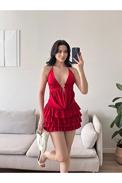 Zoom Butik Fırfırlı Halka Takım - KIRMIZI