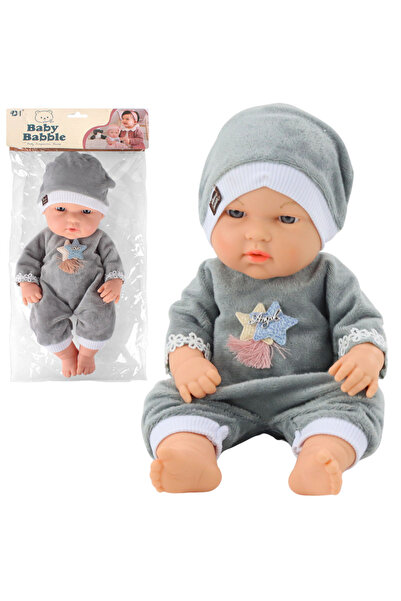 LEAN Κούκλα μωρού με γκρι πιτζάμες με καπέλο, κινητά χέρια και πόδια, 30 εκ.
