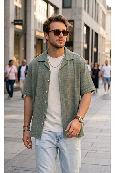 VEZİR MODA Erkek Keten Oversize Gömlek Kısa Kollu Düğmeli Salaş Yazlık Spor G...