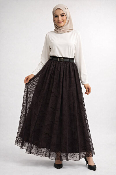 fera butik Belt Piece Elastic Waist Lined Long Tulle Hijab Skirt