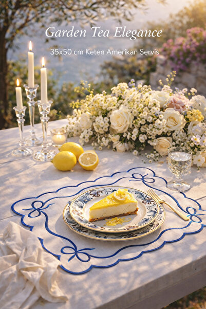 Lilies Atelier Lacivert Nakışlı Keten Amerikan Servis 35x50 cm – Şık Sofra ve...