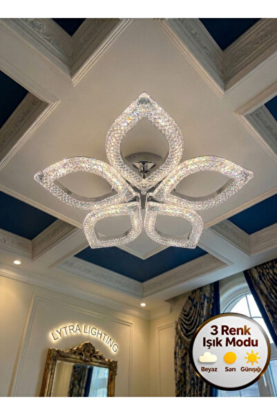 Lytra Lighting Yonca Model Gümüş 5"li Ledli 3 Renk Modu Kristal Salon Mutfak ...