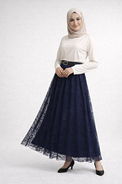 fera butik Belt Piece Elastic Waist Lined Long Tulle Hijab Skirt