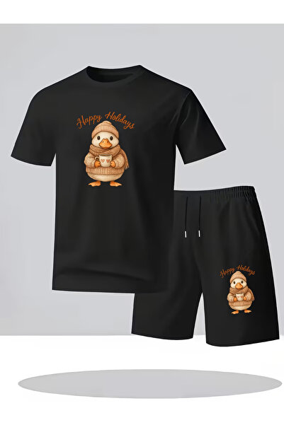 Flow touch Men's Black Printed Oversized Shorts Tracksuit Set