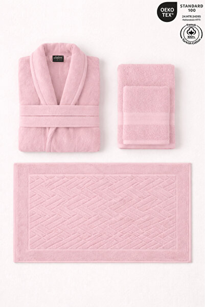 Ellaline 4-Piece Pink Bathrobe Set 100% Cotton Bathroom Set Bathrobe, Towels ...
