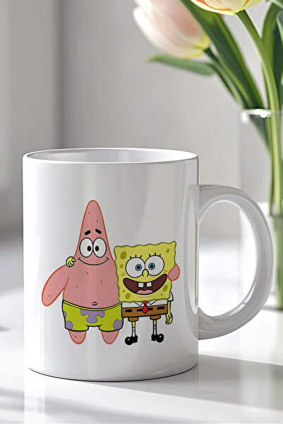 YasBey DESIGN Süngerbob ve Patrick Tasarımlı 330ml Baskılı Beyaz Seramik Kupa...