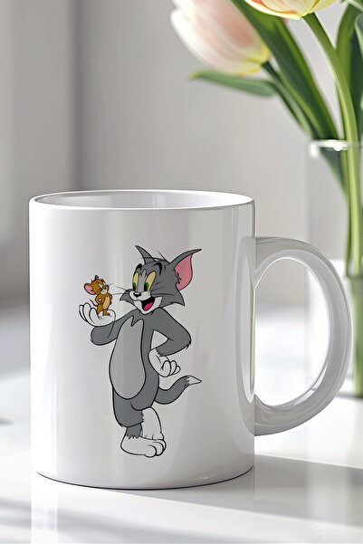 Tom and Jerry Tasarımlı 330ml Baskılı Beyaz Seramik Kupa Bardak