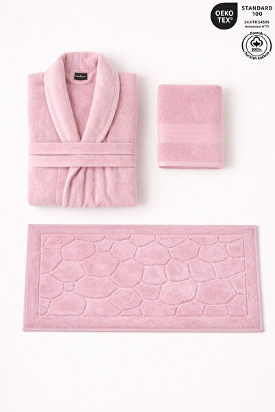 Ellaline 3-Piece Pink Bathrobe Set 100% Cotton Certified Bathrobe, Head and F...