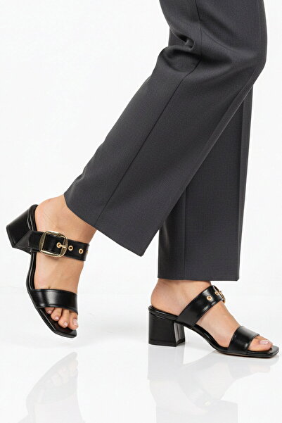 Aspor Black Double Strappy Women's Heels Slipper
