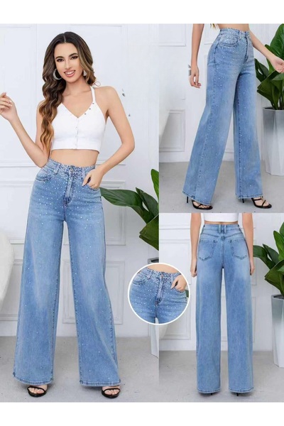 DENRA Blugi wide leg cu pietricele