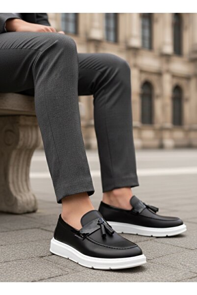 pabucmarketi Laceless Tasseled Men's Shoes Black (White Sole)