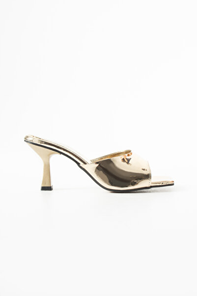 BirEylül Shoes Gold Küt Burun Kadın Topuklu Ayakkabı