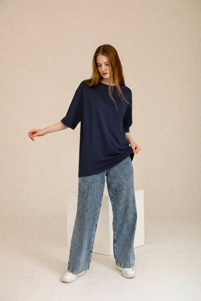 Le Touche Basic Women's T-Shirt Regular Oversized Navy Blue T-Shirt
