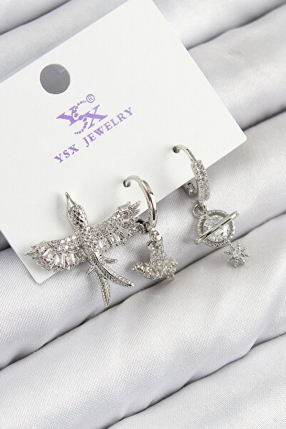 Generic Brand Brass Zircon Stone 3-Piece Bird Model Silver Color Women's Earr...