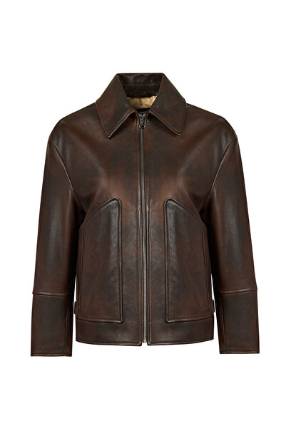 Derimod Garcia Women's Brown Shirt Collar Oversized Leather Jacket 25Wgd5636Vd