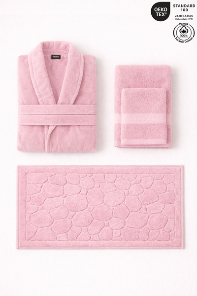 Ellaline 4-Piece Pink Bathrobe Set 100% Cotton Bathroom Set Bathrobe, Towels,...