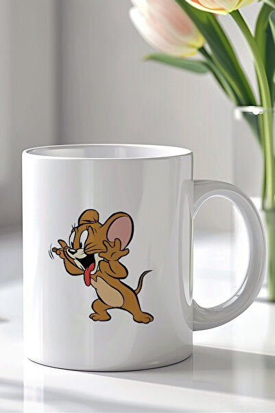 YasBey DESIGN Tom and Jerry Tasarımlı 330ml Baskılı Beyaz Seramik Kupa Bardak