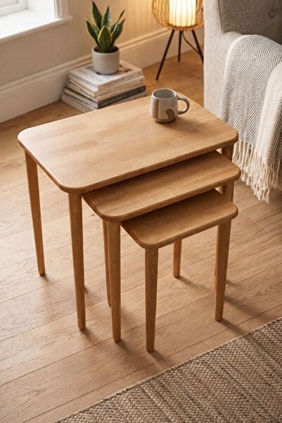 Bemerg Nova 3'lü Masif Zigon Sehpa Seti - Kayın, Doğal, Ahşap, Dikdörtgen, Mu...