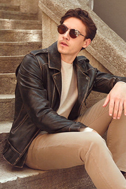 Derimod معطف كارتر براون بايكر جلد للرجال 25WGD6490G6