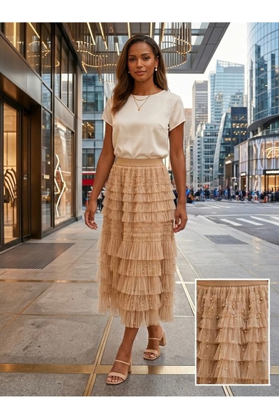 Rabiossa Kadın İnci İşlemeli Tül Uzun Etek