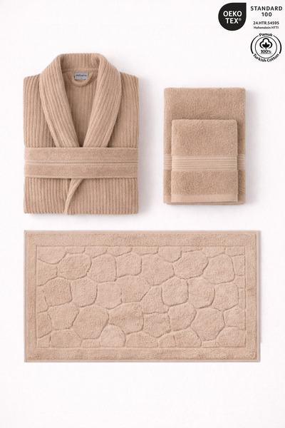 Ellaline 4-Piece Beige Bathrobe Set 100% Cotton Striped Bathrobe, Towels, and...