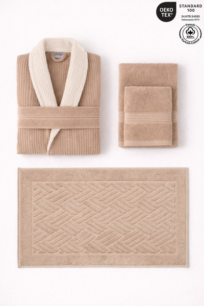 Ellaline 4-Piece Beige Contrast Bathrobe Set 100% Cotton Striped Bathrobe, To...