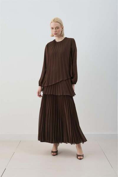 Miori VALERİN PLİSELİ ELBİSE ACI KAHVE