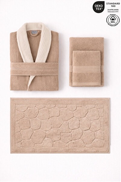 Ellaline 4-Piece Beige Contrast Bathrobe Set 100% Cotton Striped Bathrobe, To...