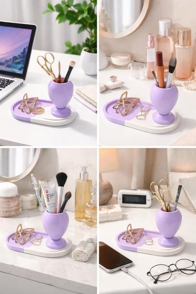 MİLE CONCEPT Lila Office Organizer Decorative Desktop Set – Pen Holder & Multi-Purpose Organizer & Brush Holder