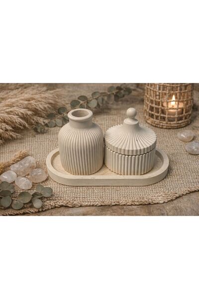 ALZ CONCEPT Çizgili Vazo Kapaklı Şekerlik Tepsi Takımı