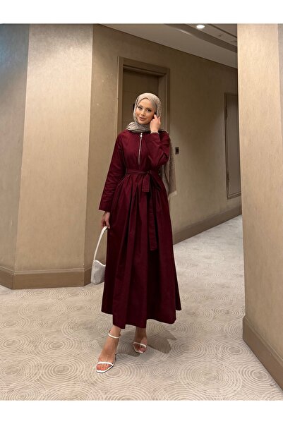 dimoroffical Bordo Fermuar Detaylı Kuşaklı Elbise
