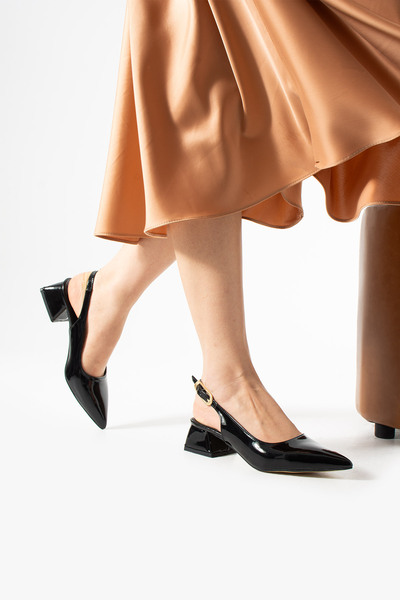 BirEylül Shoes Siyah Rugan Kadın Kısa Blok Topuklu Ayakkabı