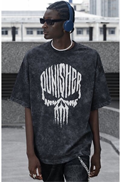 SEVBANO Tricou unisex oversize cu imprimeu Punisher, spălat, stil vintage
