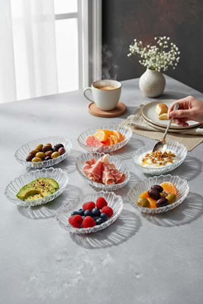 Paşabahçe 6'lı Oval Cam Kavaltılık Çerezlik & Mezelik Kase Seti - Desenli Cam...