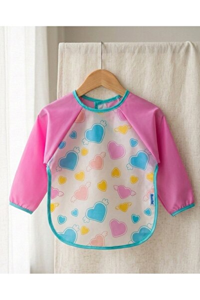 Uzun Kollu Su Geçirmez Bebek Mama ve Etkinlik Önlüğü - Pembe Kalp Desenli