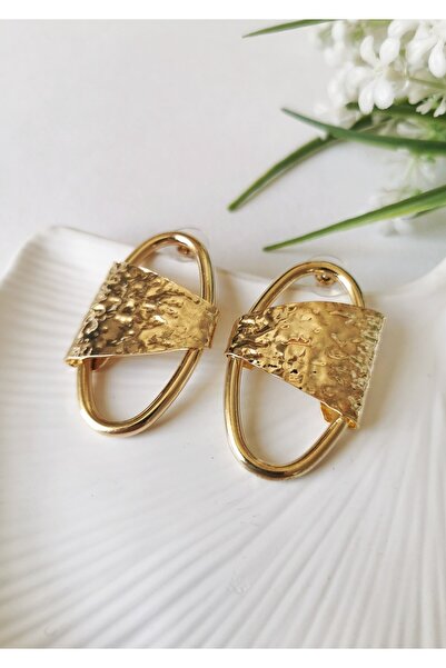 Halley Concept Textured Plate Oval Gold Steel Earrings