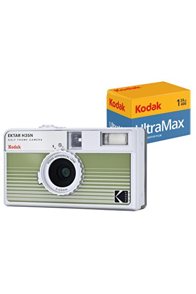 Kodak EKTAR H35N 35mm Filmli Fotoğraf Makinesi- Çizgili Yeşil+Ultramax 24 Poz...