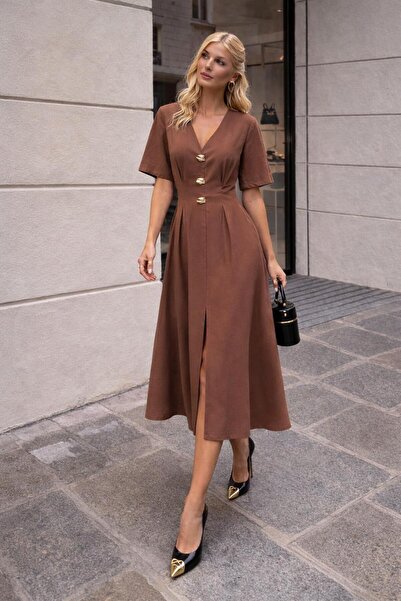 ANBLYs COLLECTION A-Cut Waist Detail, Gold Buttons, Slit, Midi Length, V-Neck...