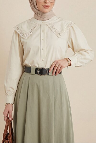 HİJABAYA στρογγυλός γιακάς Δαντέλα Λεπτομερές πουκάμισο με κουμπιά Ποπλίνα