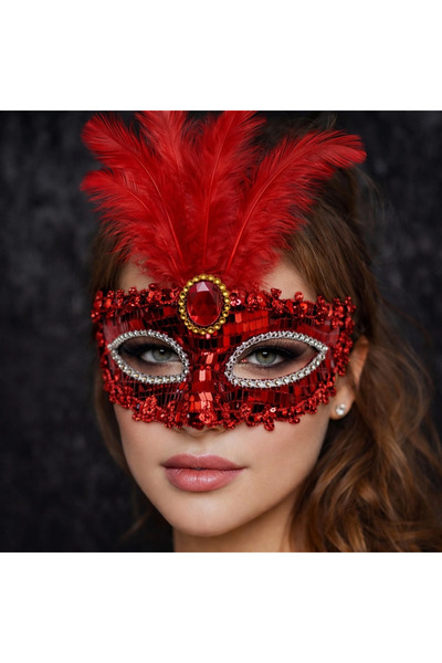 lowell home Luxury Red Feathered Stone Prom Mask