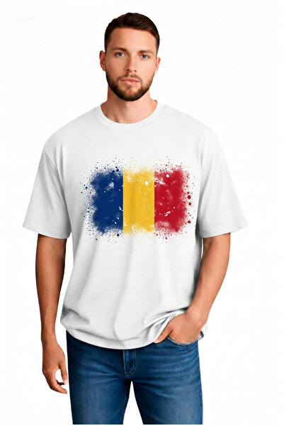 sngl Ανδρικό μπλουζάκι με κοντό μανίκι oversized Romania Flag με τύπωμα S M L...