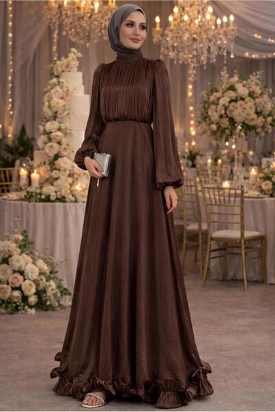 TRENDTESETTÜR KADIN KAHVE KUŞAKLI SATEN ABİYE ELBİSE T 8726