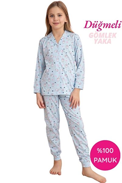 Tarık Kids Homewear Girl's Shirt Collar Button-Front Cotton Transitional Long...